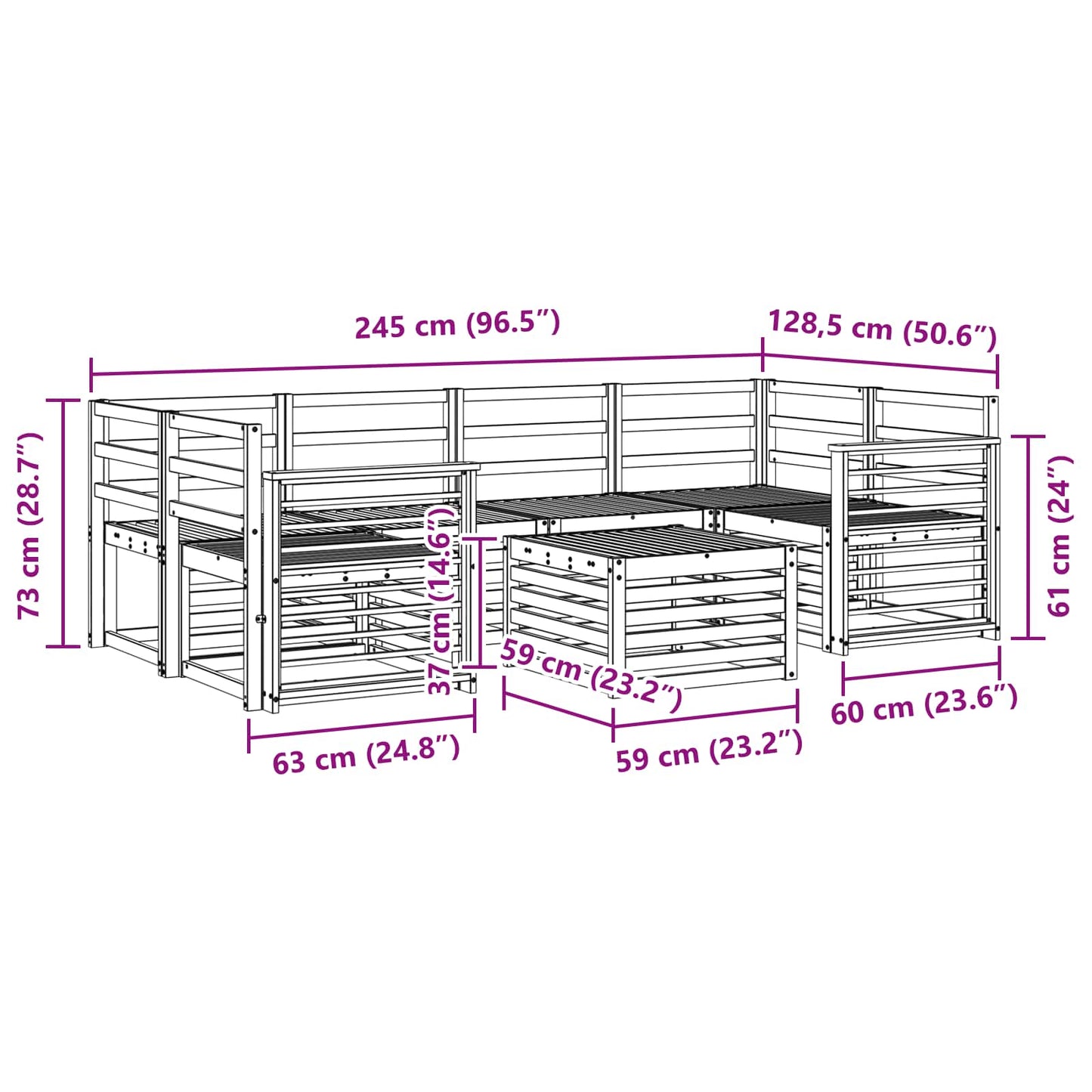 Set divani 7 pcs Naturale Legno di Acacia Massello