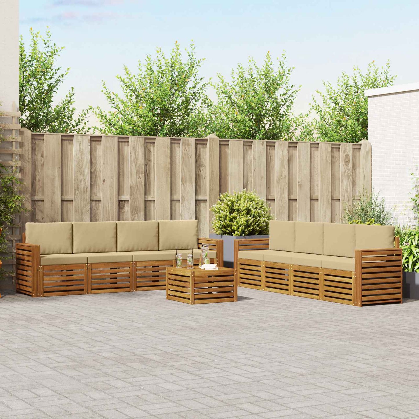Set divani 9 pcs Naturale e Beige Legno di Acacia Massello