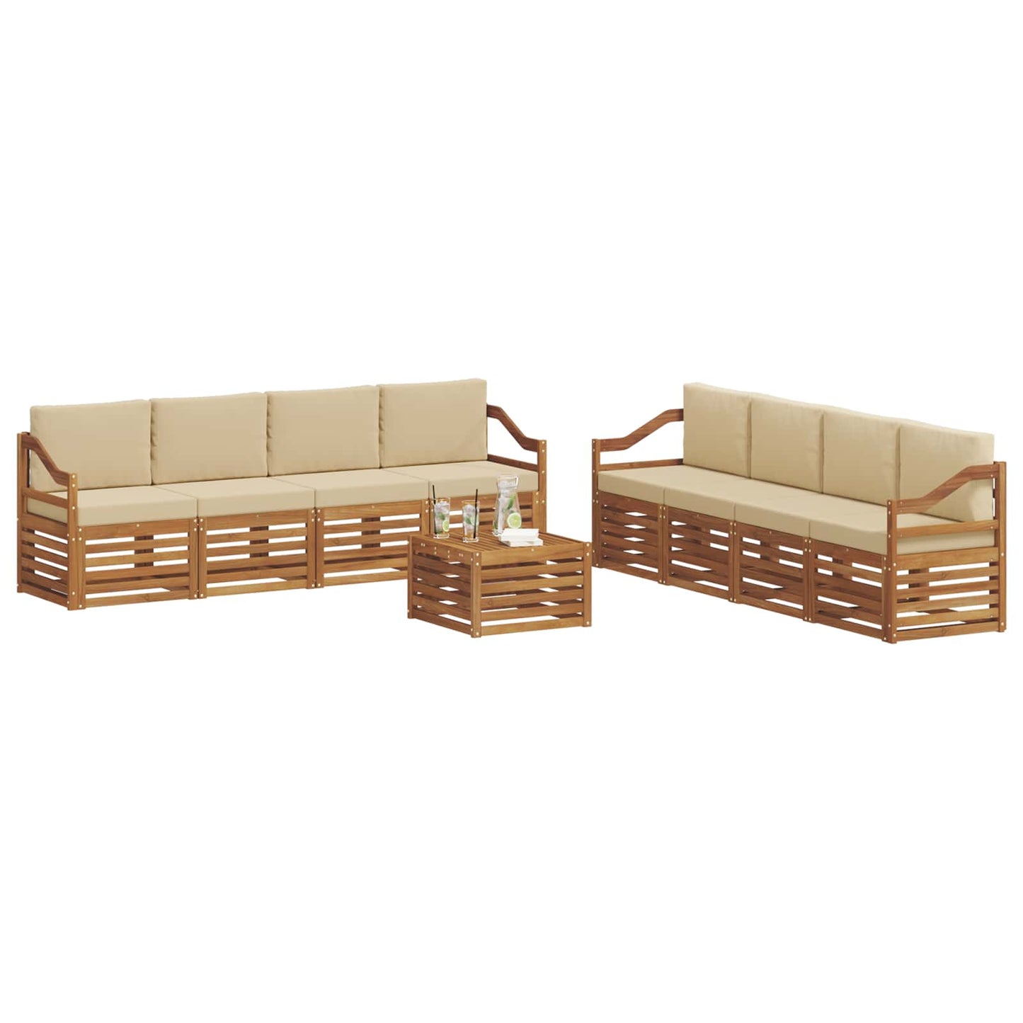 Set divani 9 pcs Naturale e Beige Legno di Acacia Massello