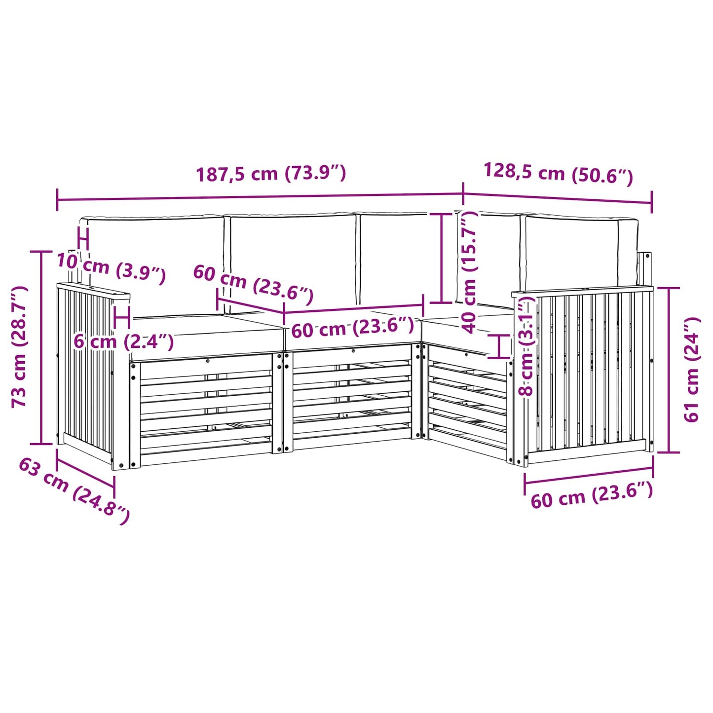 Set divani 4 pcs Naturale e Antracite Legno di Acacia Massello | homemem39