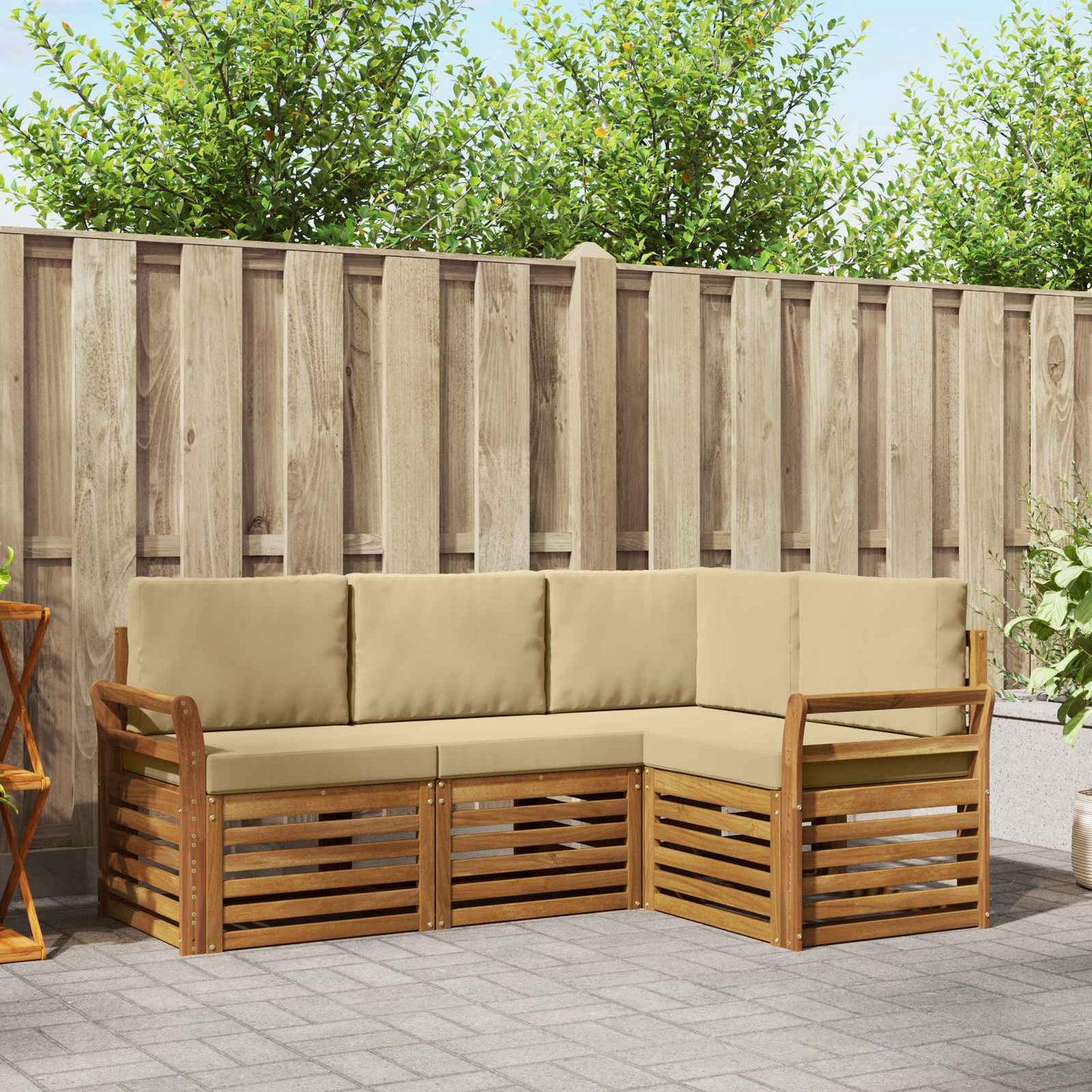Set divani 4 pcs Naturale e Beige Legno di Acacia Massello