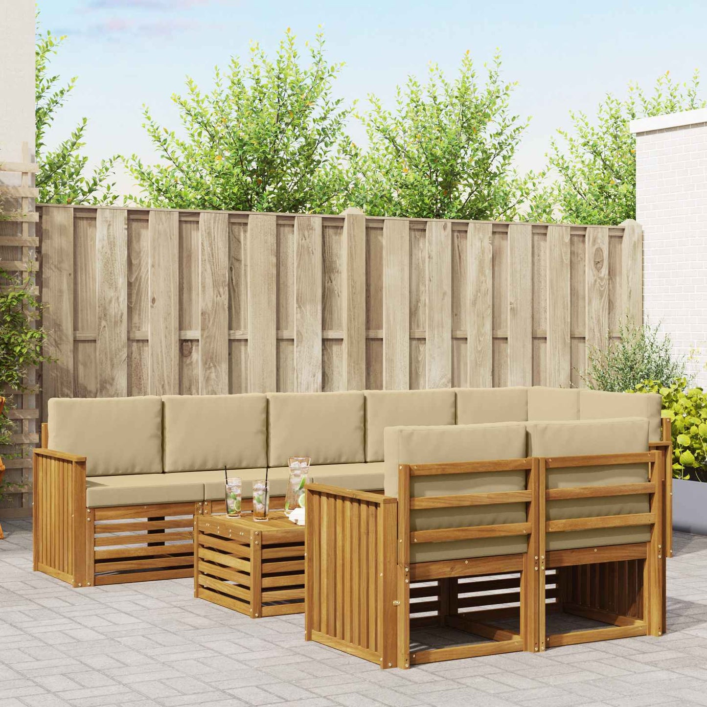 Set divani 9 pcs Naturale e Beige Legno di Acacia Massello