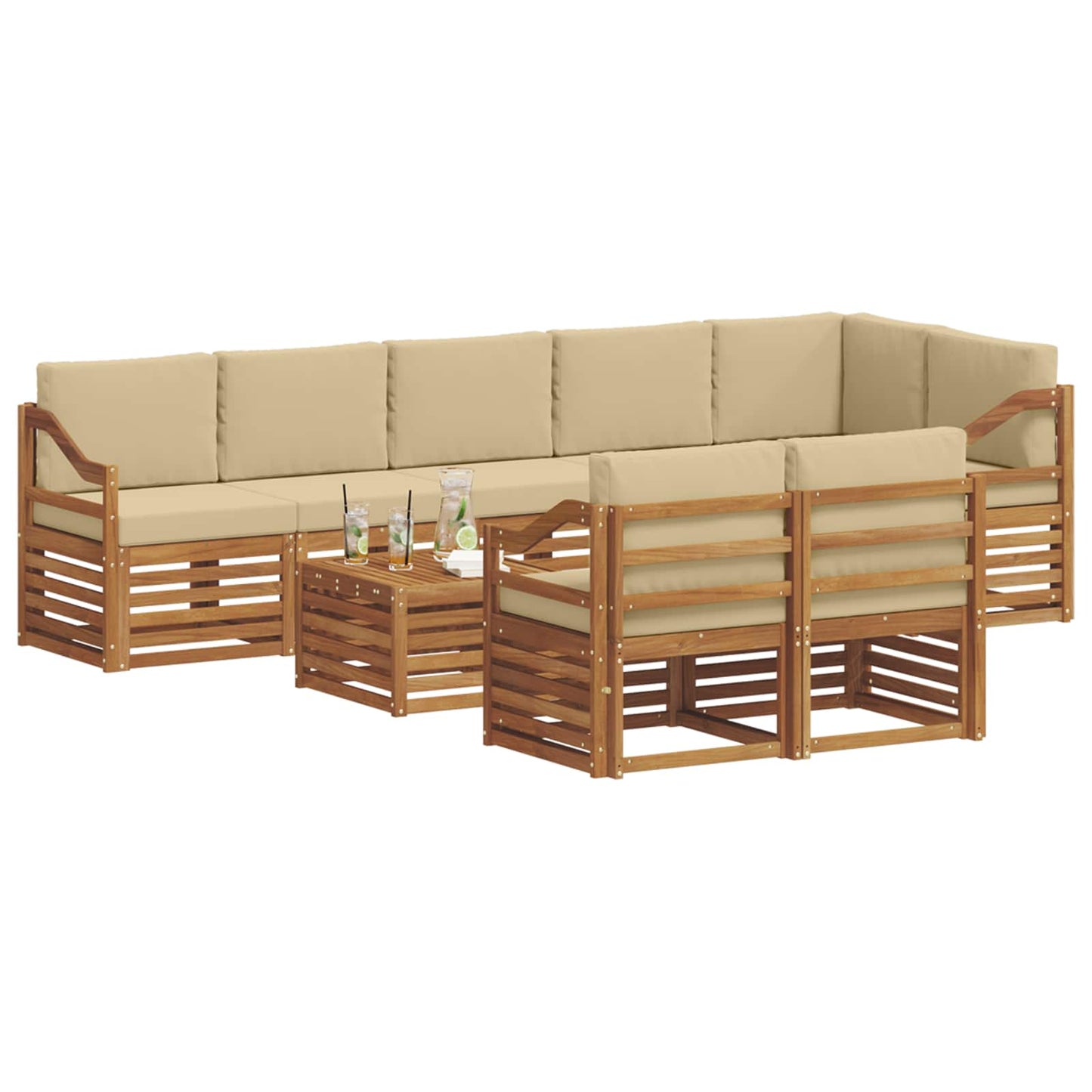 Set divani 9 pcs Naturale e Beige Legno di Acacia Massello