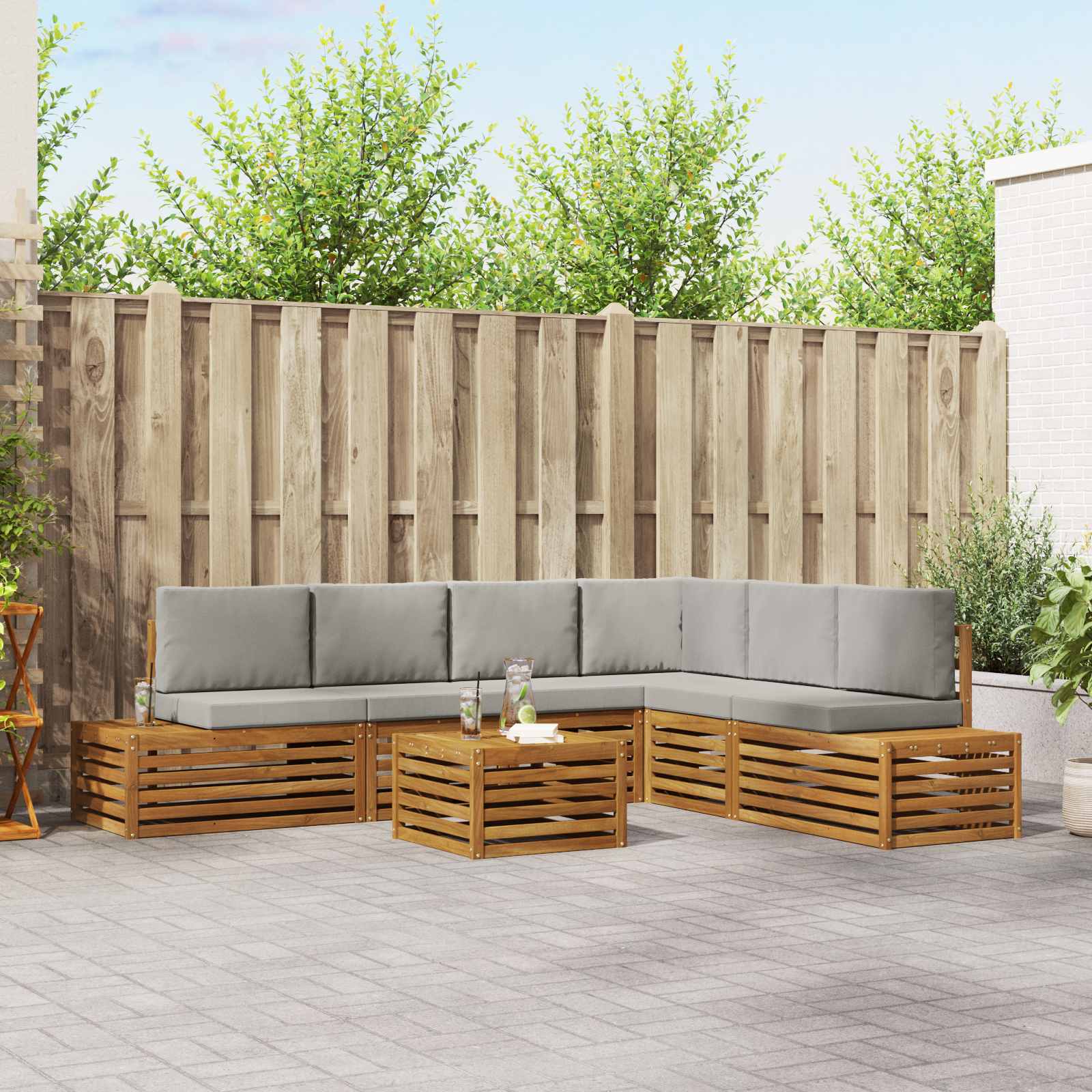 Set di divani da esterno 7 Pezzo Grigio Naturale e Chiaro | homemem39