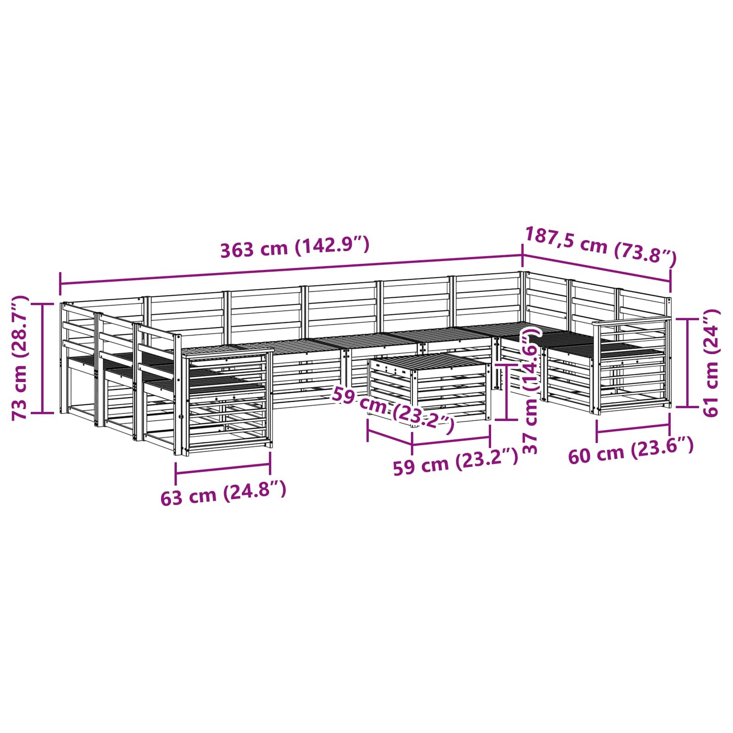 Set divani 11 pcs Naturale Legno di Acacia Massello