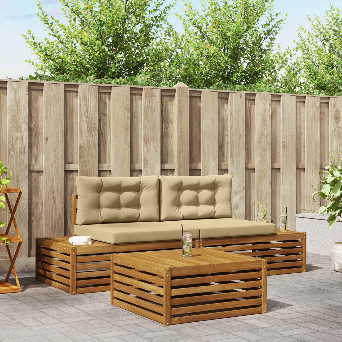 Set di divani da esterno con cuscino 3 Pezzo Naturale e Beige | homemem39
