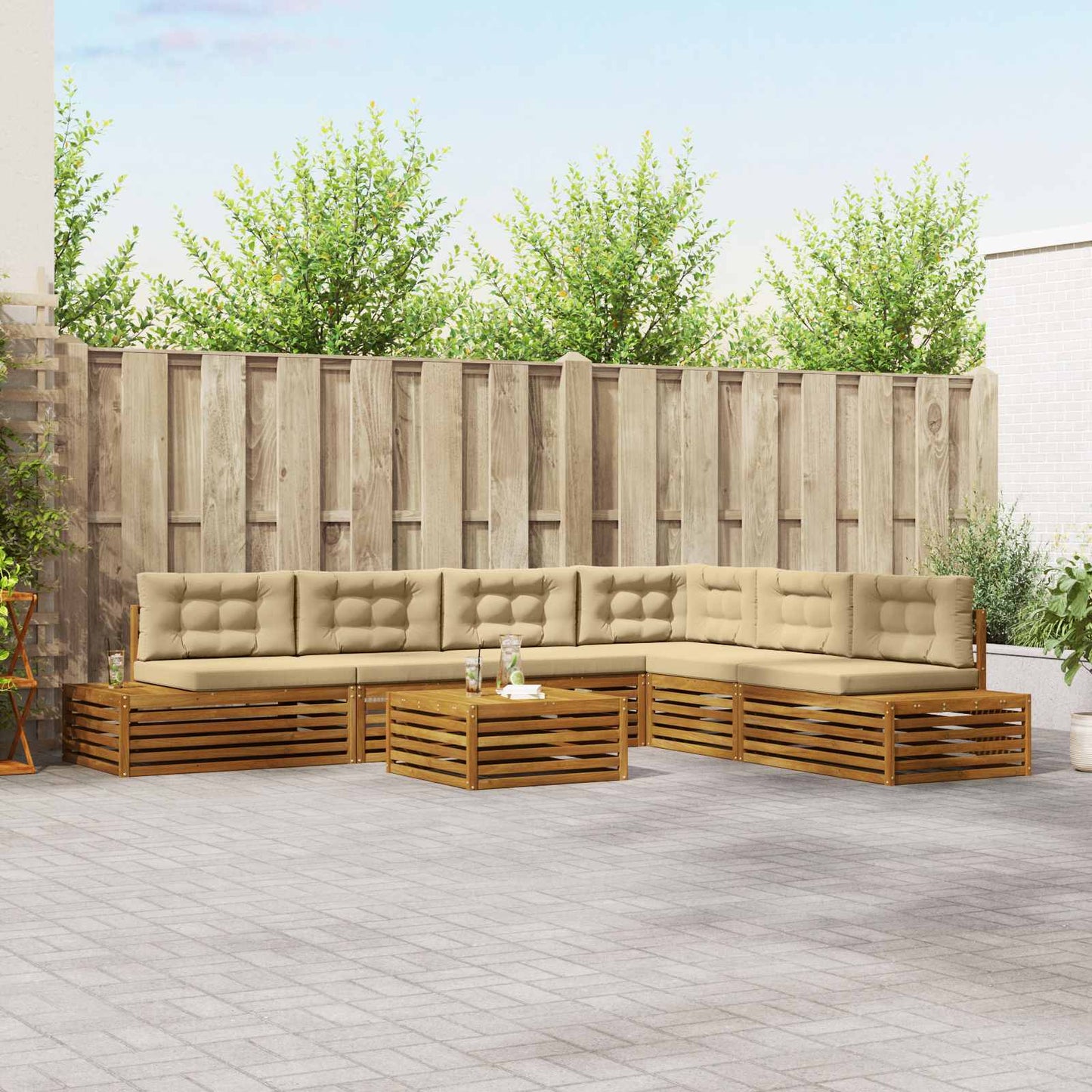 Set di divani da esterno con cuscino 7 Pezzo Naturale e Beige | homemem39