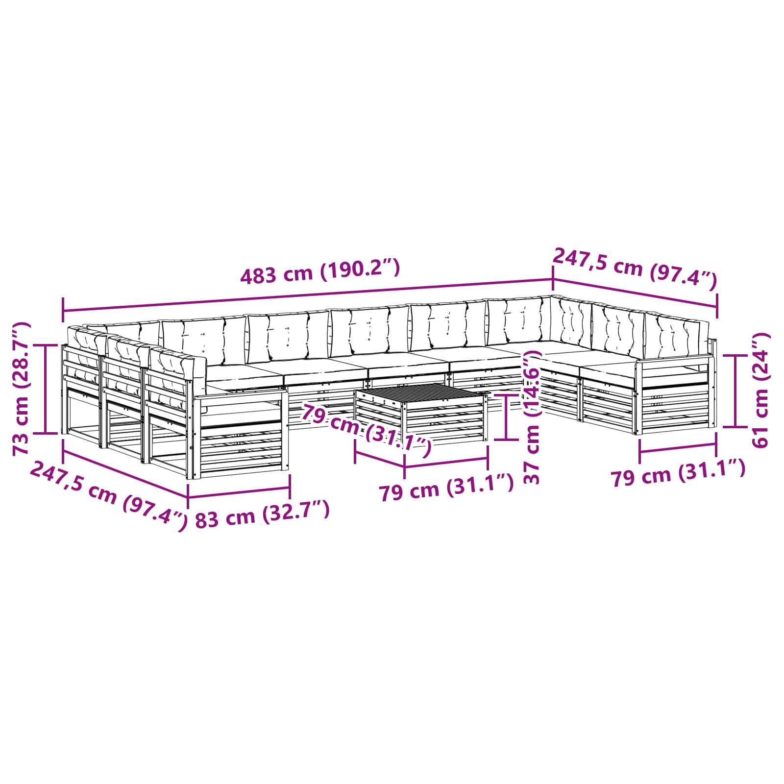 Set divani 11 pcs Naturale e Antracite Legno di Acacia Massello | homemem39