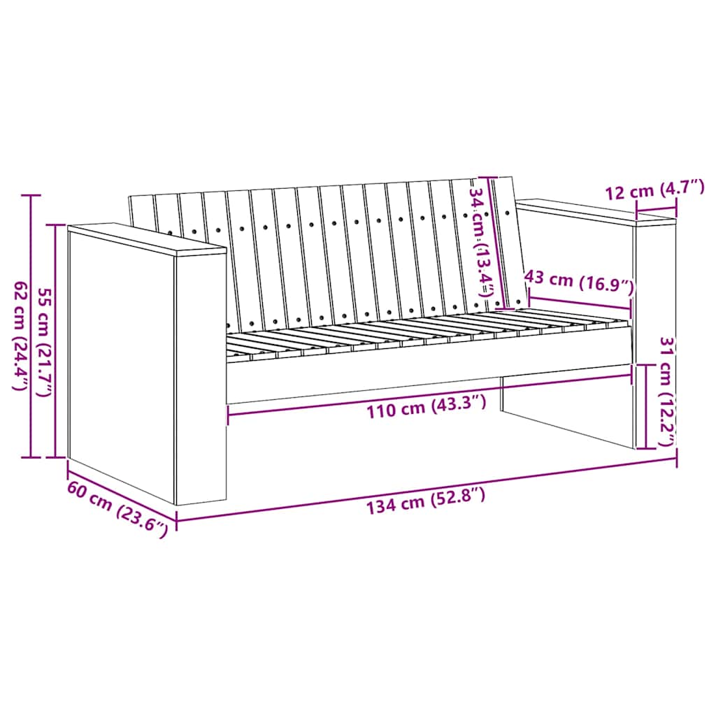 Divano da giardino Naturale 134 x 60 x 62 cm Pino massello