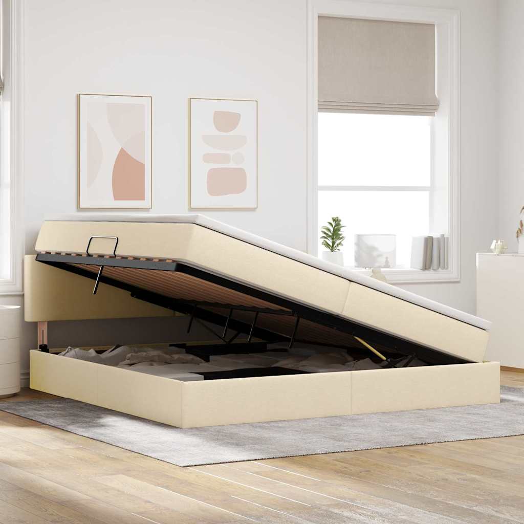 Letto con contenitore e LED con led Crema 200 x 200 cm Tessuto | homemem39