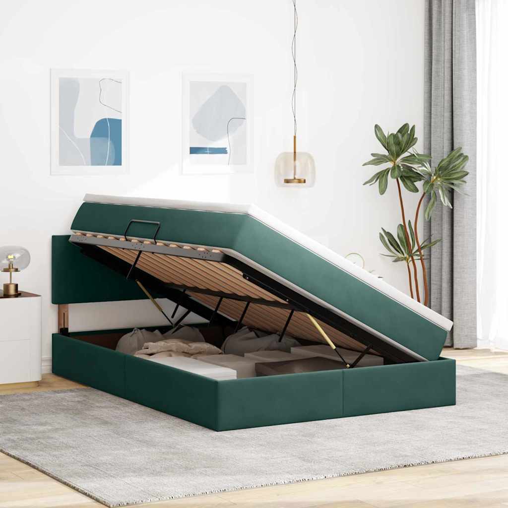 Letto con contenitore e LED Verde Scuro 140 x 190 cm Velluto | homemem39