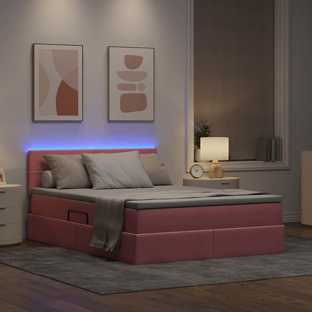 Letto con luci a strisce a LED Rosa 140 x 200 cm Velluto