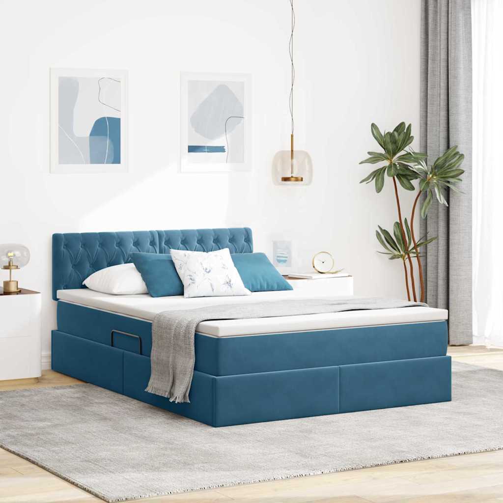 Letto con contenitore e LED Blu Scuro 140 x 190 cm Velluto