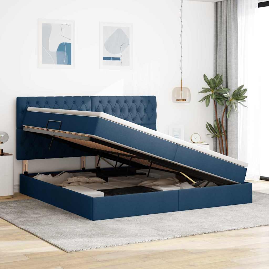 Letto con contenitore e materasso Blu 200 x 200 cm Tessuto