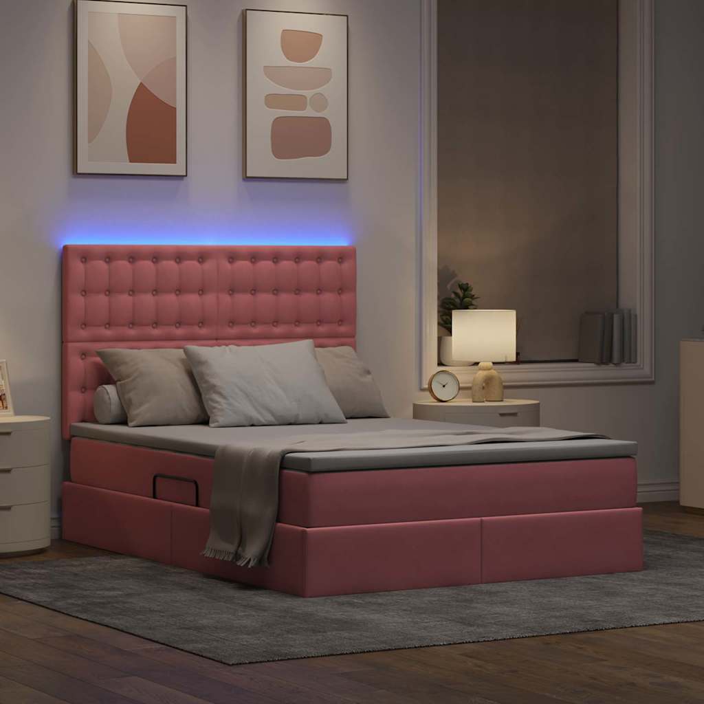 Letto con luci a strisce a LED Rosa 140 x 190 cm Velluto