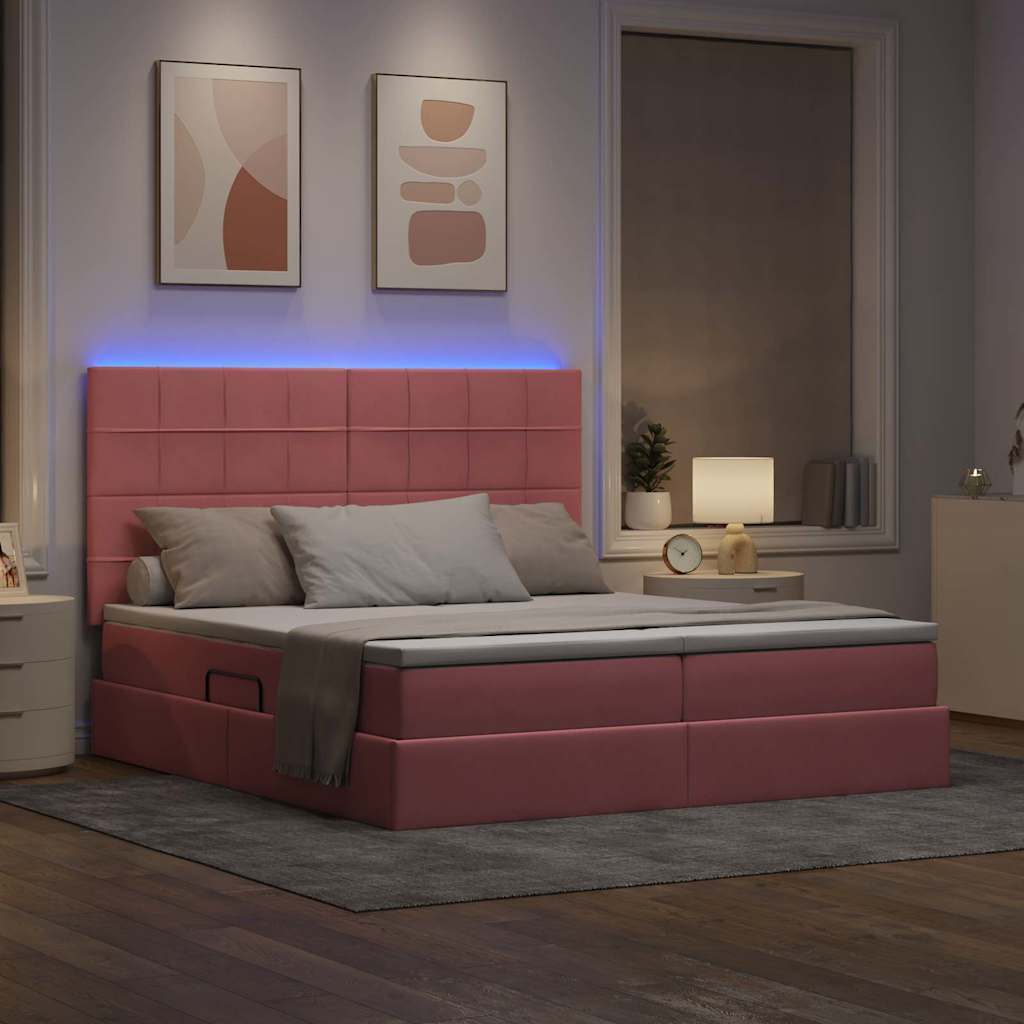 Letto con contenitore LED e materasso Rosa 200 x 200 cm Velluto