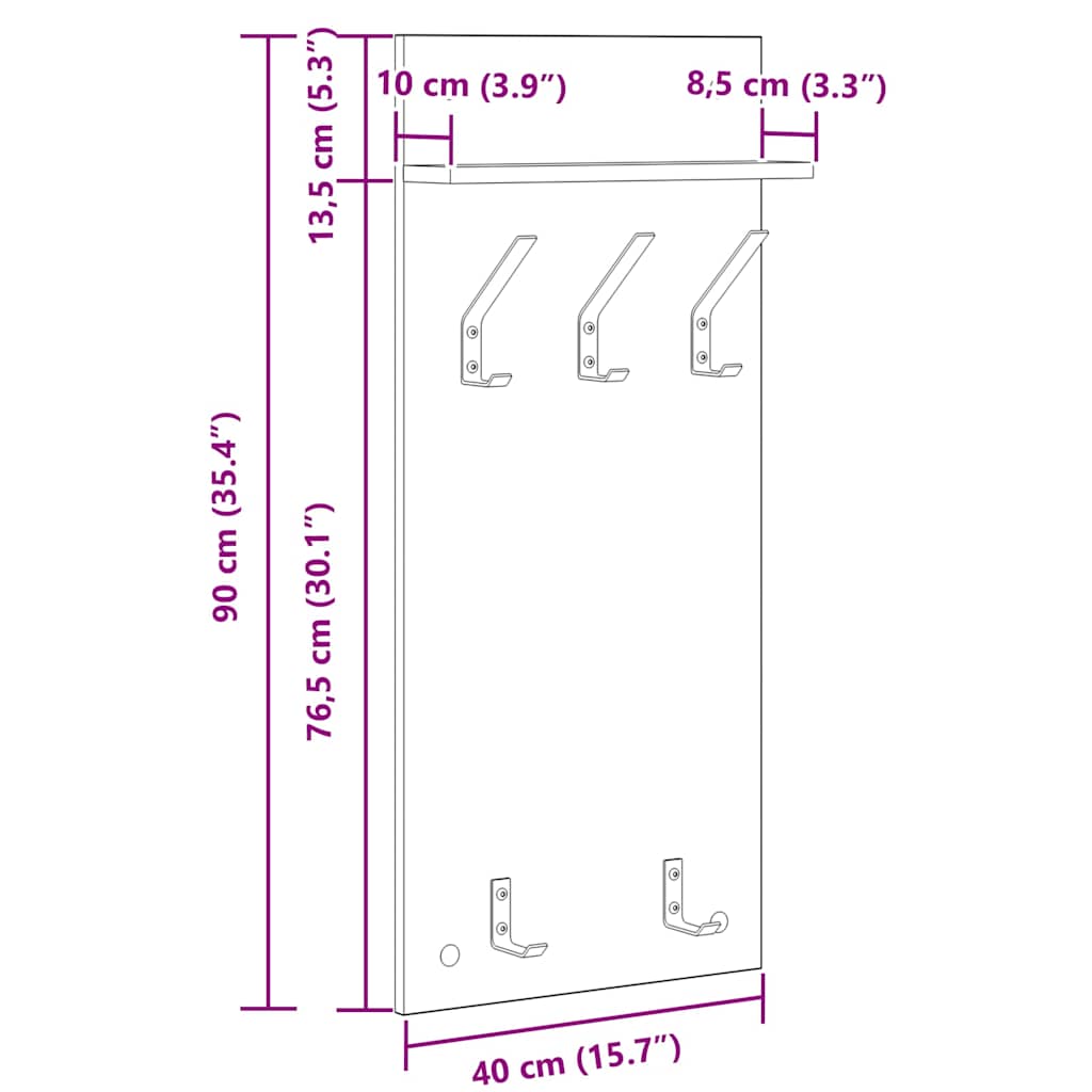 Appendiabiti a muro con lo scaffale Rovere fumé 40 x 10 x 90 cm