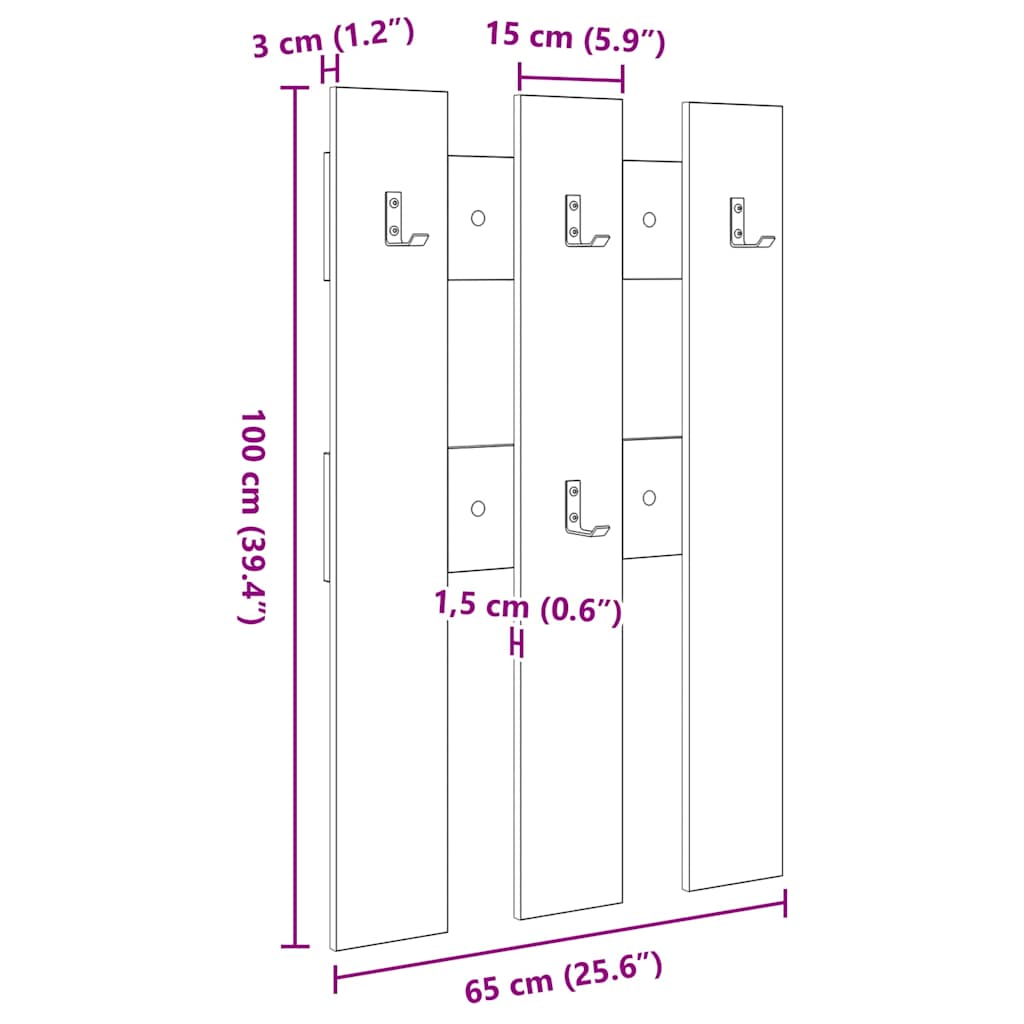 Appendiabiti a muro rovere artigianale 65 x 3 x 100 cm