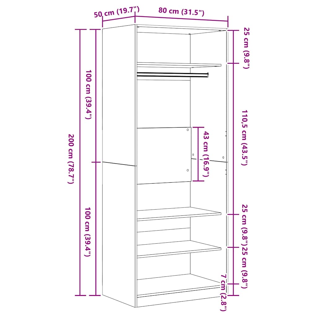 Guardaroba Rovere Nero 80 x 50 x 200 cm Legno multistrato