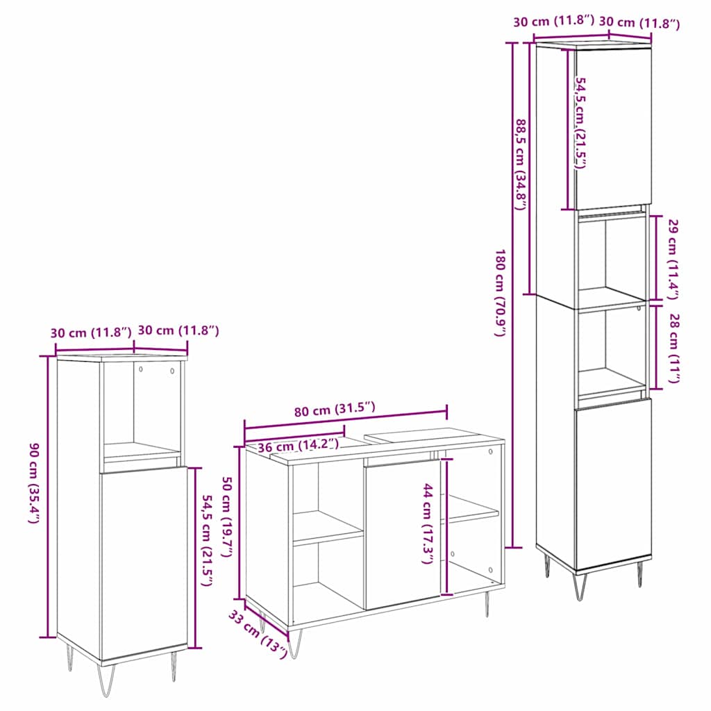 Set di mobili per il bagno con lo scaffale 3 pcs Legno vecchio | homemem39