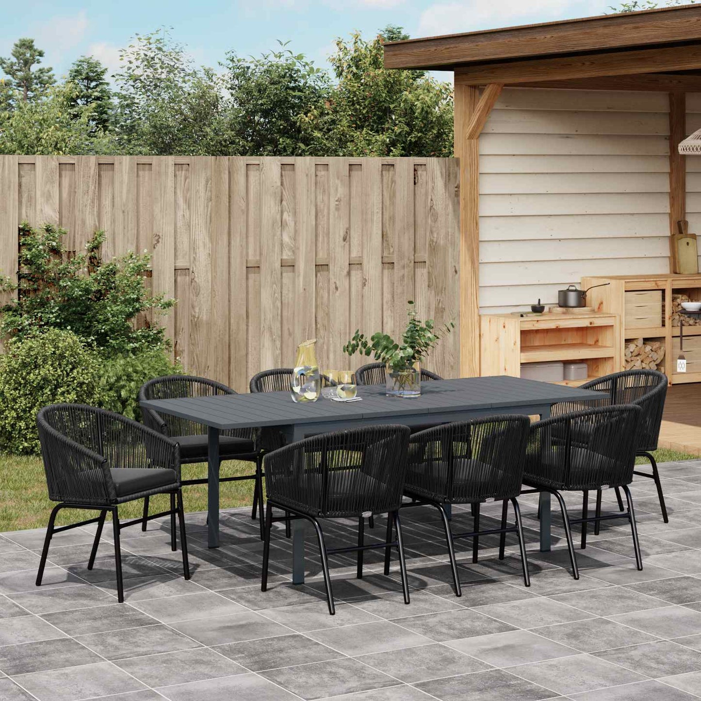 Set da Pranzo per Giardino 9 pcs Nero polyrattan