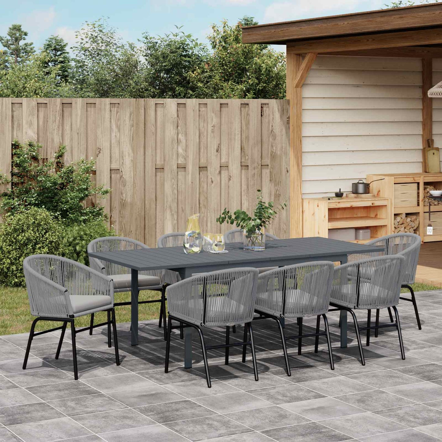 Set da Pranzo per Giardino 9 pcs Grigio polyrattan
