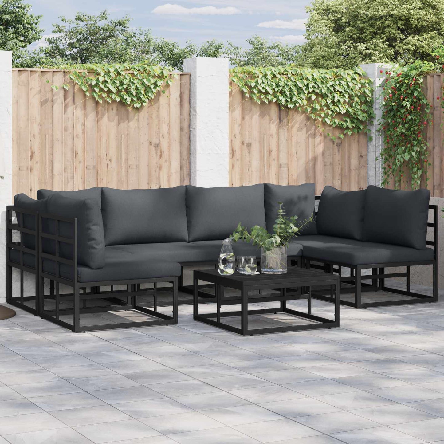 Set Divano da Giardino con cuscino 6 pcs Nero Alluminio | homemem39