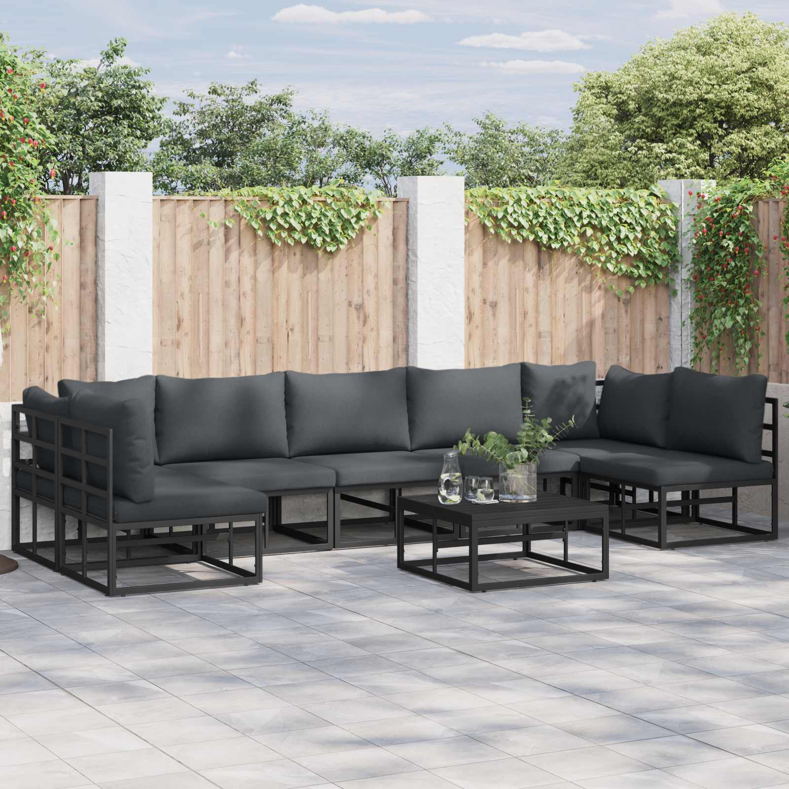 Set Divano da Giardino con cuscino 7 pcs Nero Alluminio | homemem39