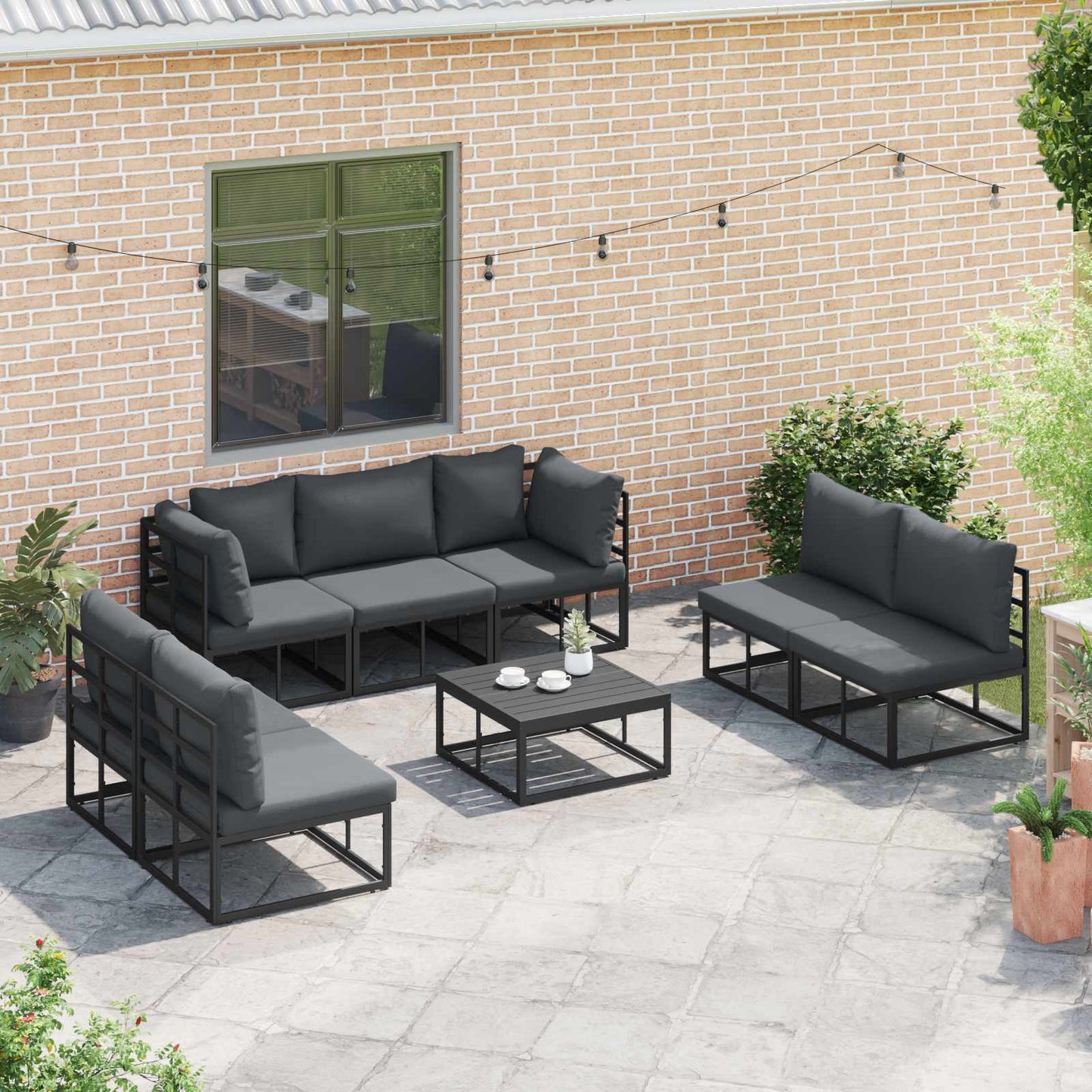 Set Divano da Giardino con cuscino 7 pcs Nero Alluminio | homemem39