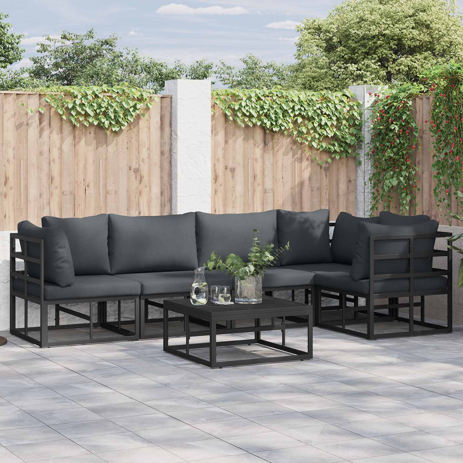 Set Divano da Giardino con cuscino 6 pcs Nero Alluminio | homemem39