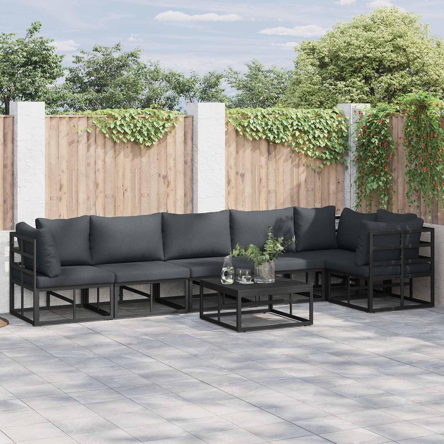 Set Divano da Giardino con cuscino 7 pcs Nero Alluminio | homemem39