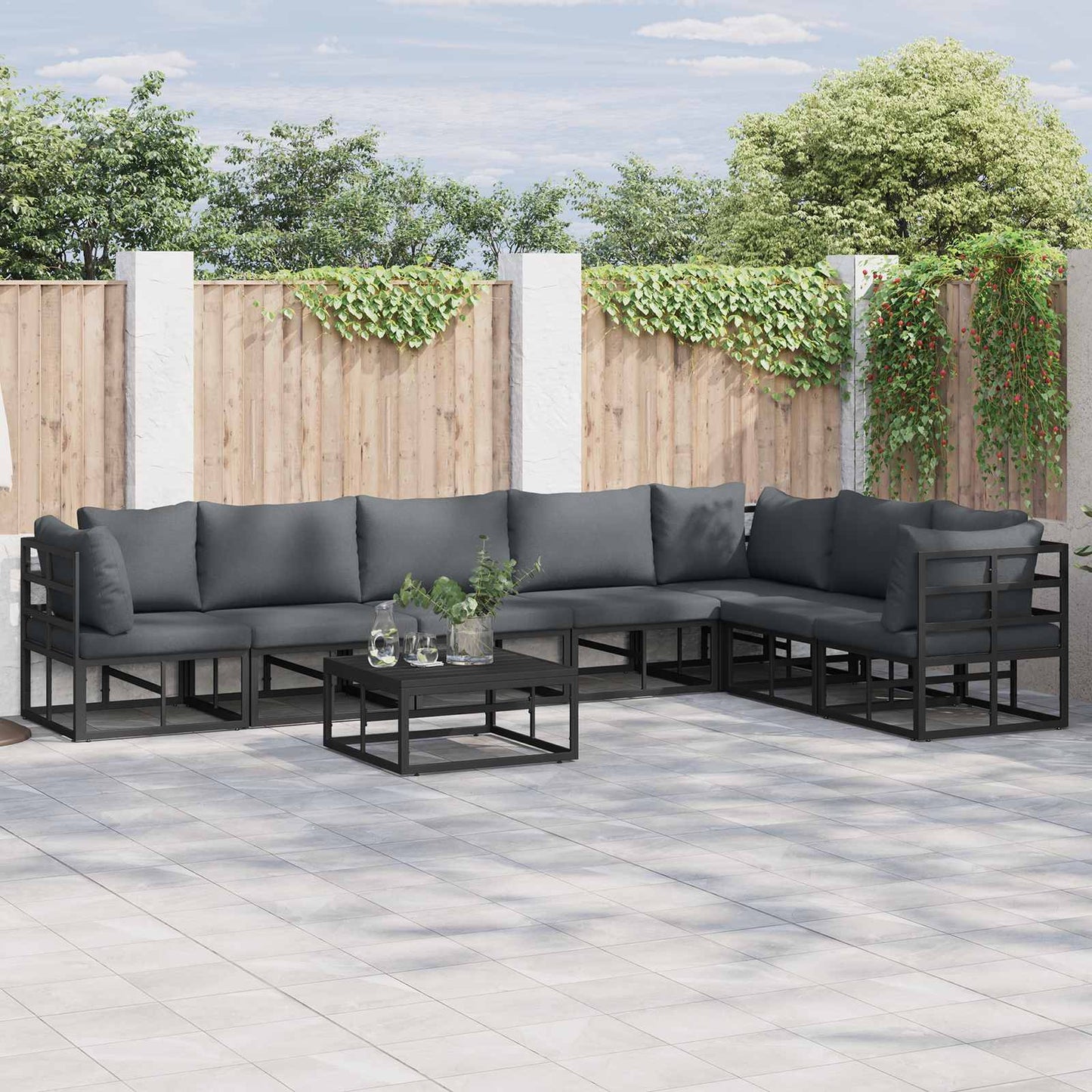 Set Divano da Giardino con cuscino 7 pcs Nero Alluminio