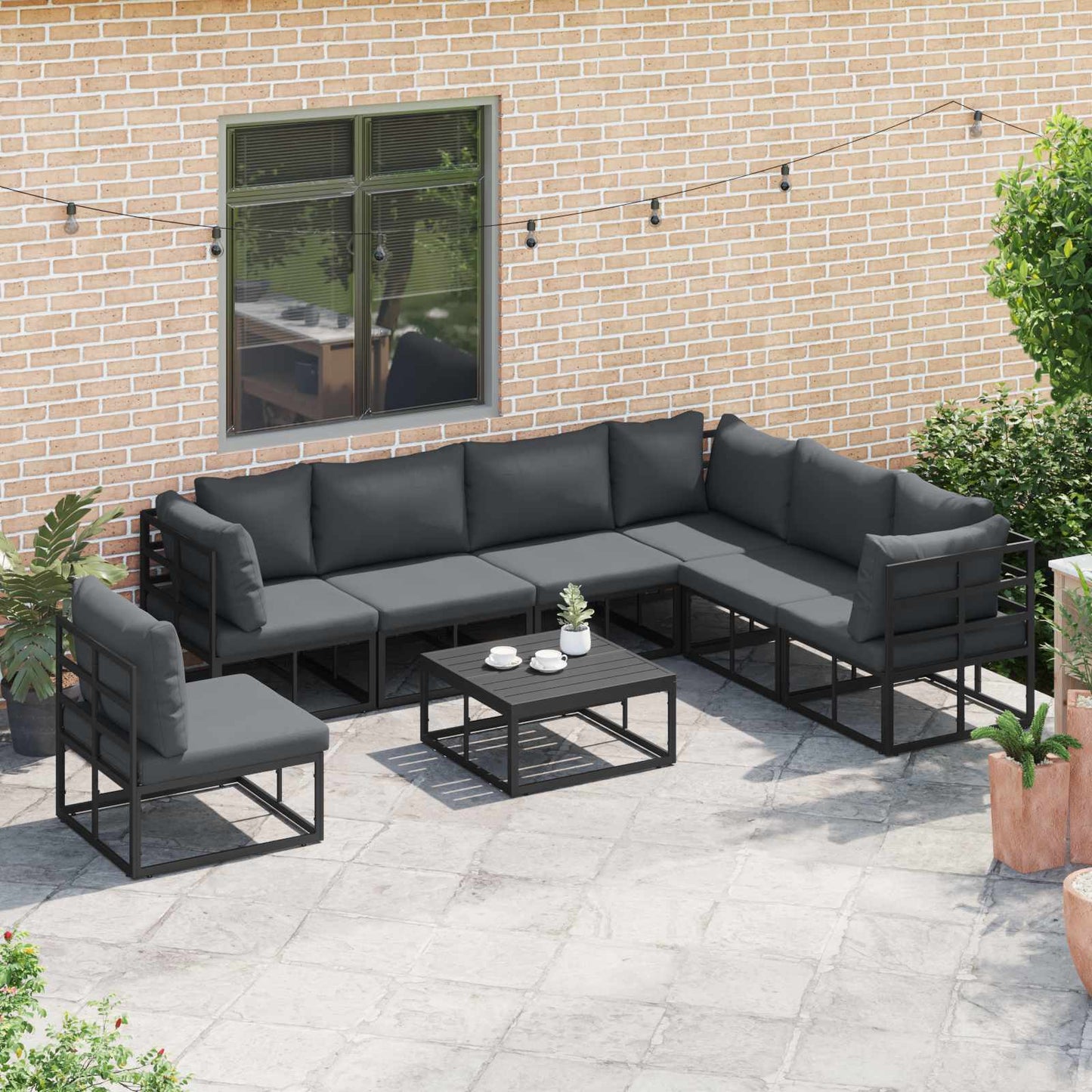 Set Divano da Giardino con cuscino 8 pcs Nero Alluminio | homemem39