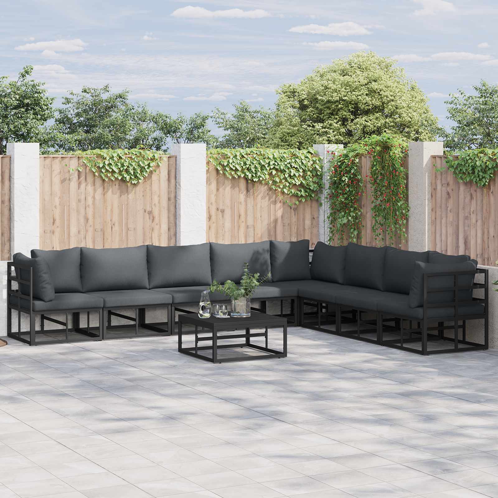 Set Divano da Giardino con cuscino 8 pcs Nero Alluminio | homemem39