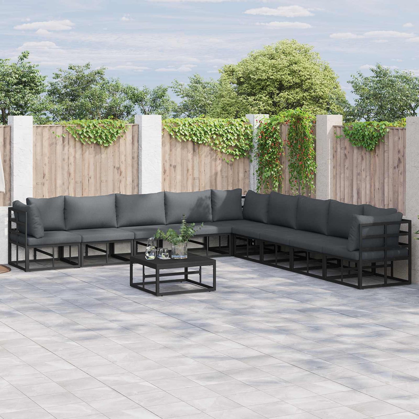Set Divano da Giardino con cuscino 10 pcs Nero Alluminio