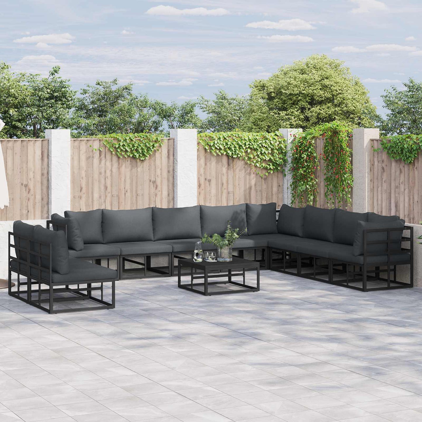 Set Divano da Giardino con cuscino 10 pcs Nero Alluminio