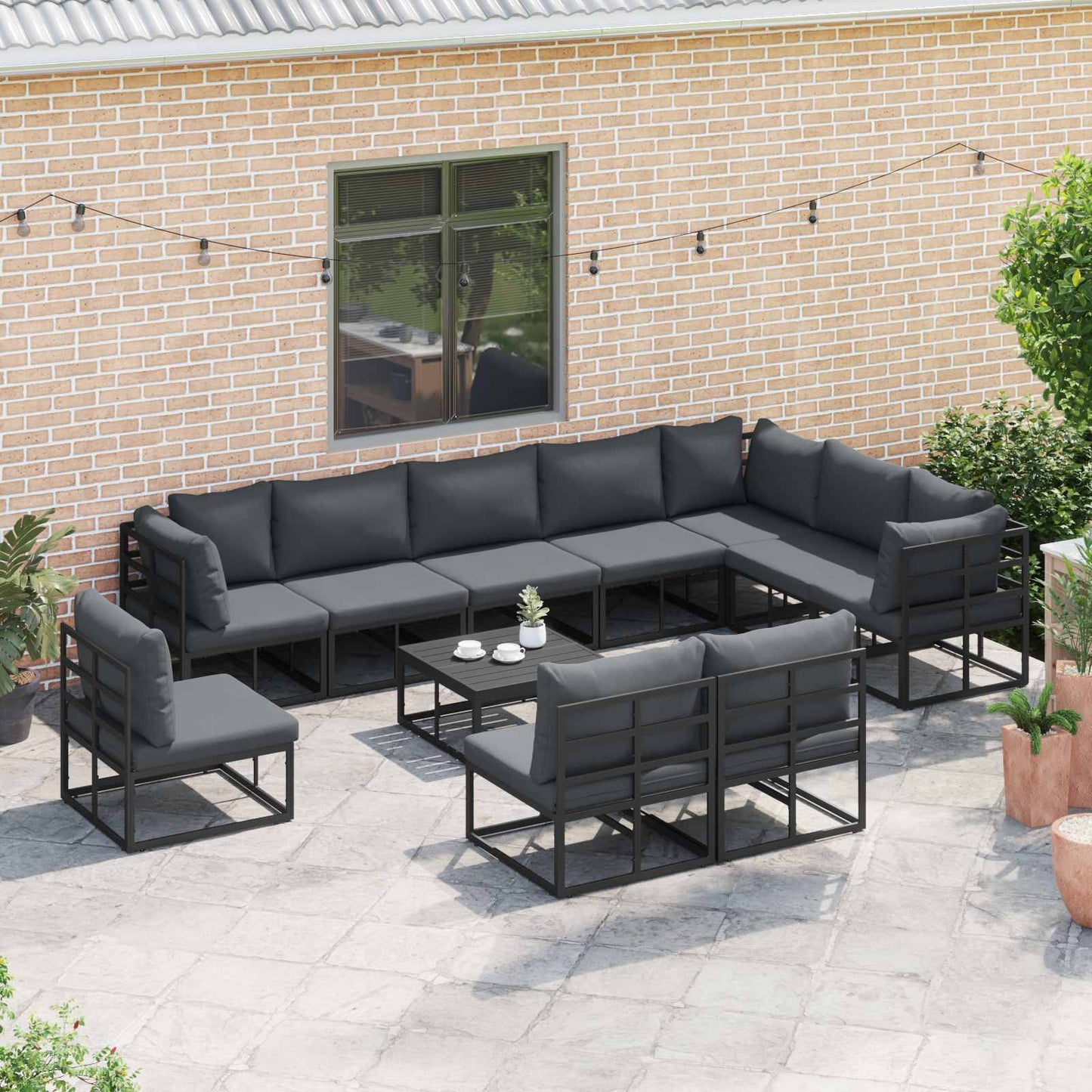 Set Divano da Giardino con cuscino 10 pcs Nero Alluminio | homemem39