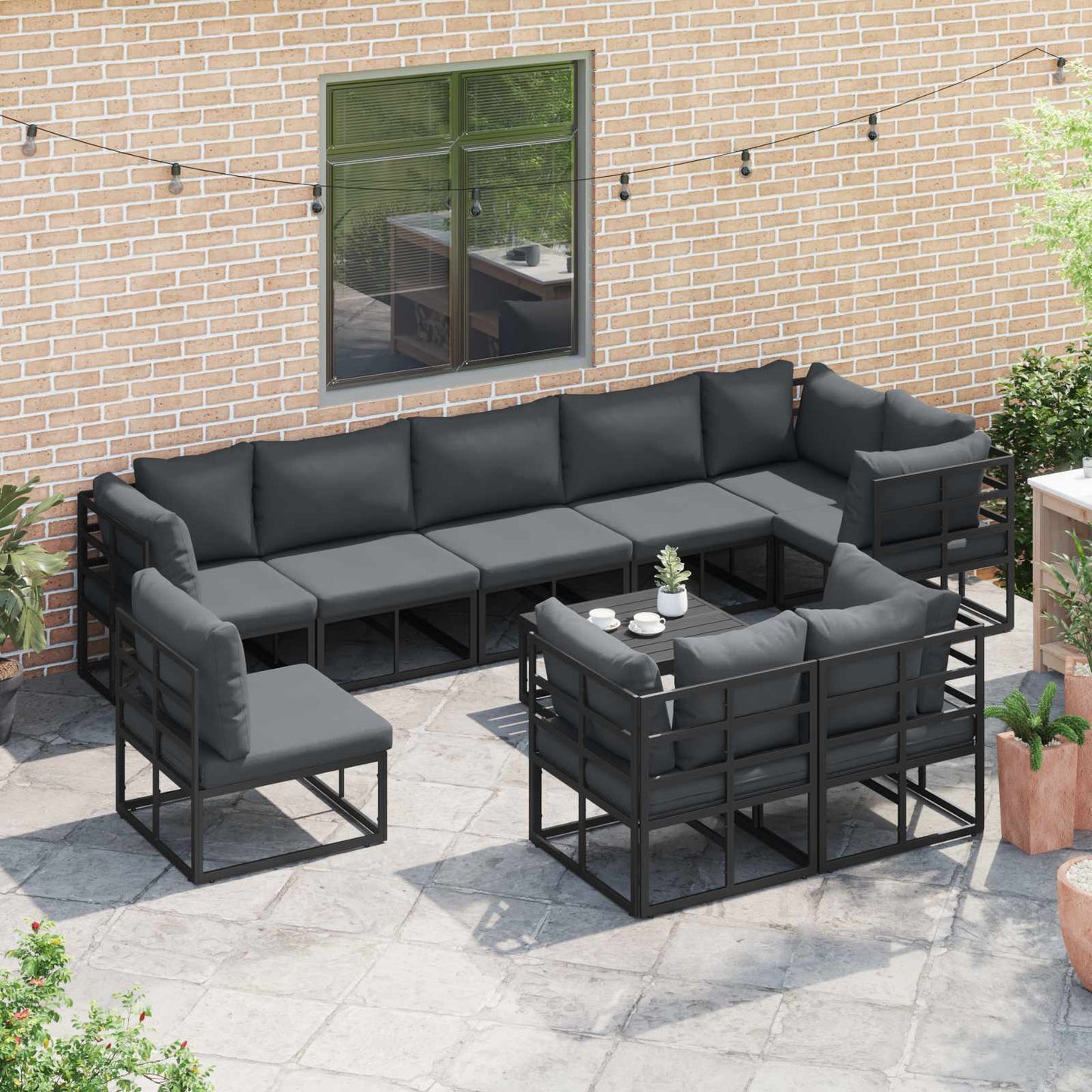 Set Divano da Giardino con cuscino 9 pcs Nero Alluminio | homemem39