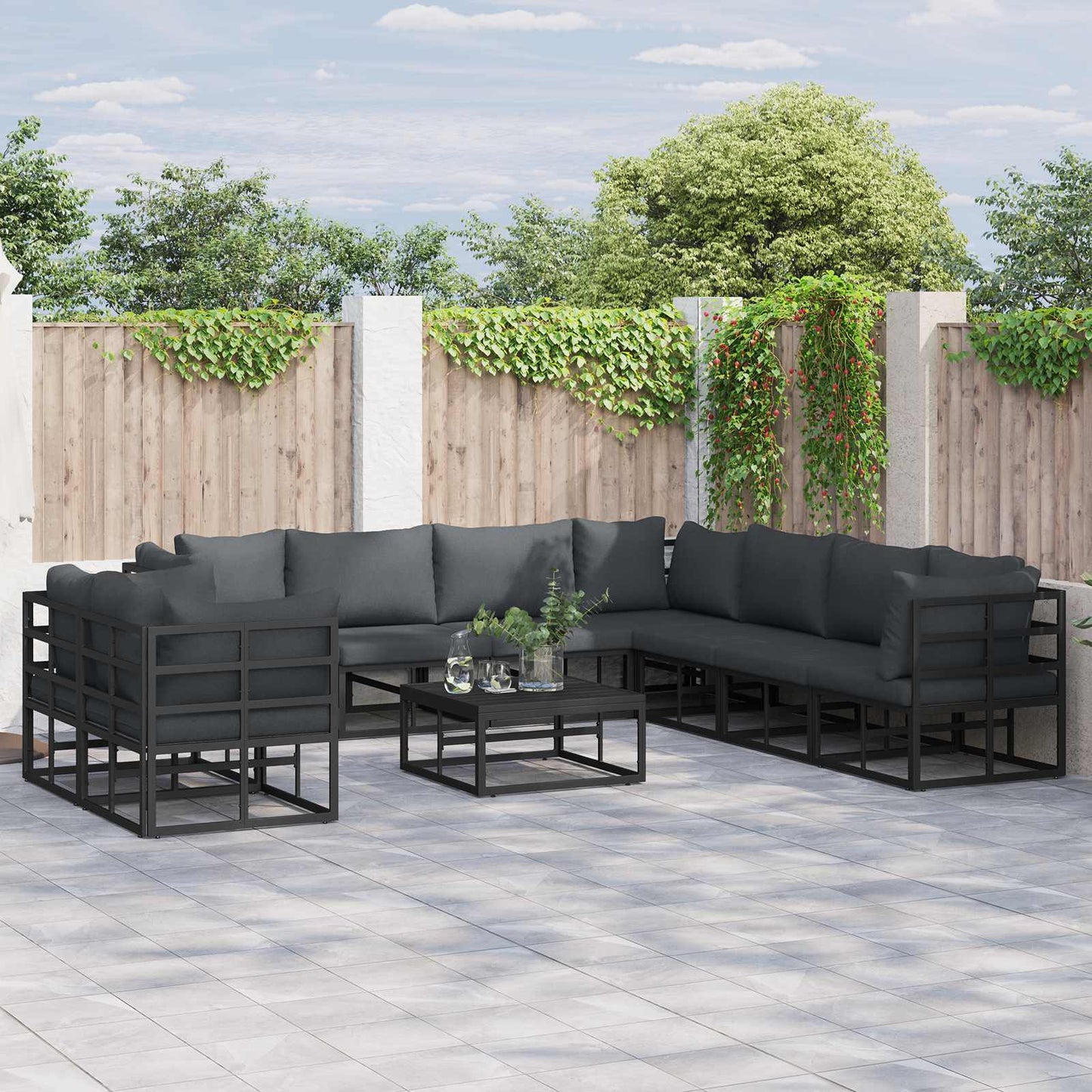 Set Divano da Giardino con cuscino 10 pcs Nero Alluminio | homemem39