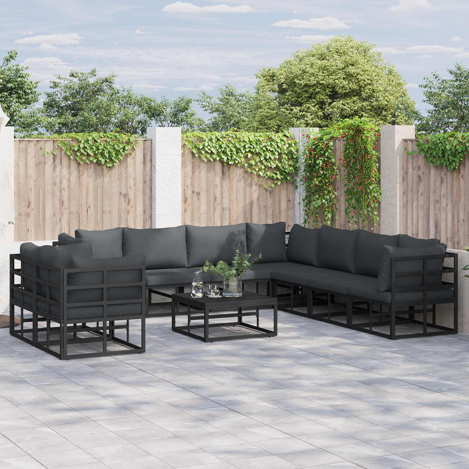 Set Divano da Giardino con cuscino 10 pcs Nero Alluminio | homemem39