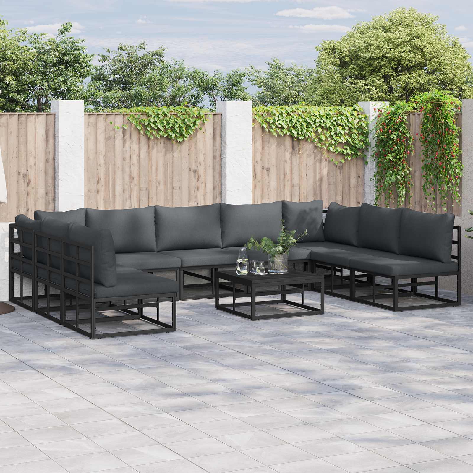Set Divano da Giardino con cuscino 9 pcs Nero Alluminio | homemem39