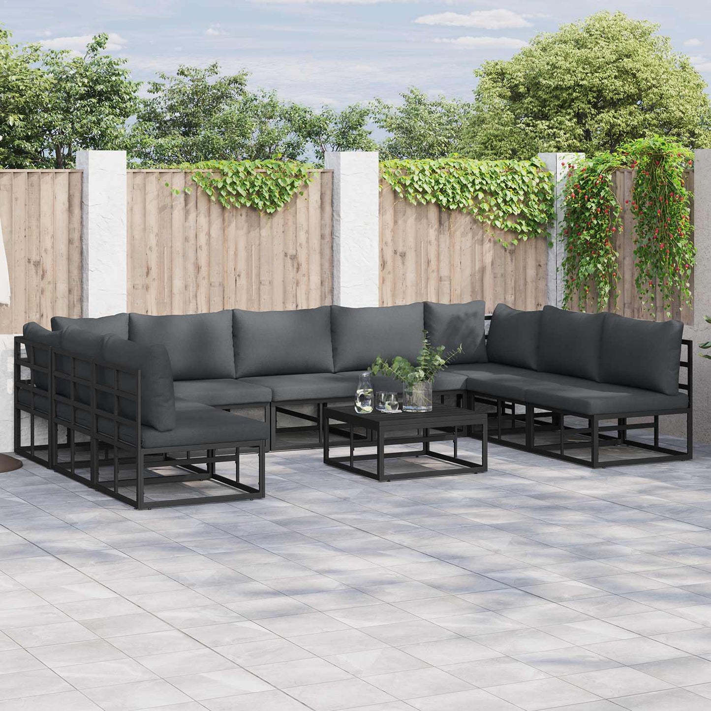Set Divano da Giardino con cuscino 10 pcs Nero Alluminio | homemem39