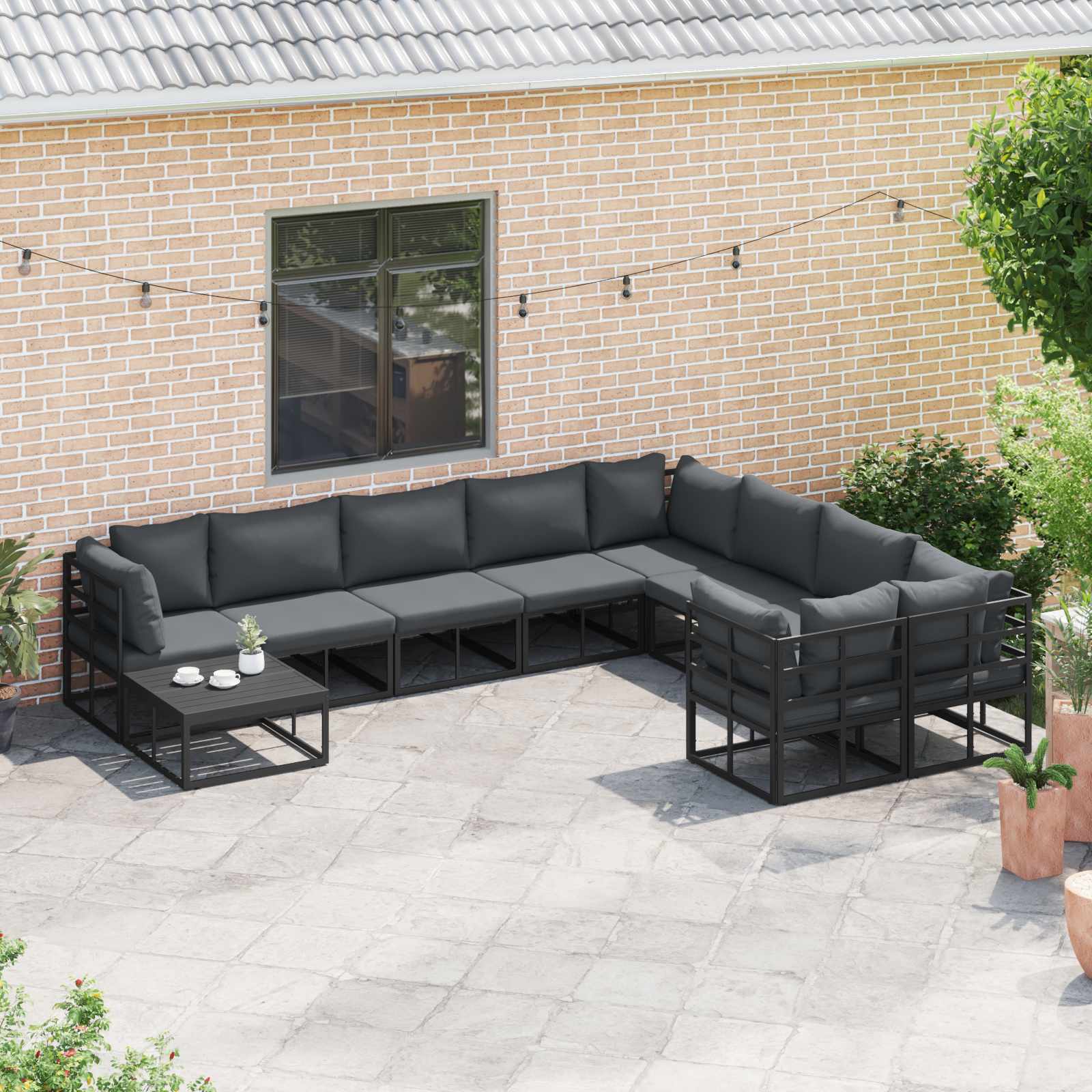 Set Divano da Giardino con cuscino 9 pcs Nero Alluminio | homemem39