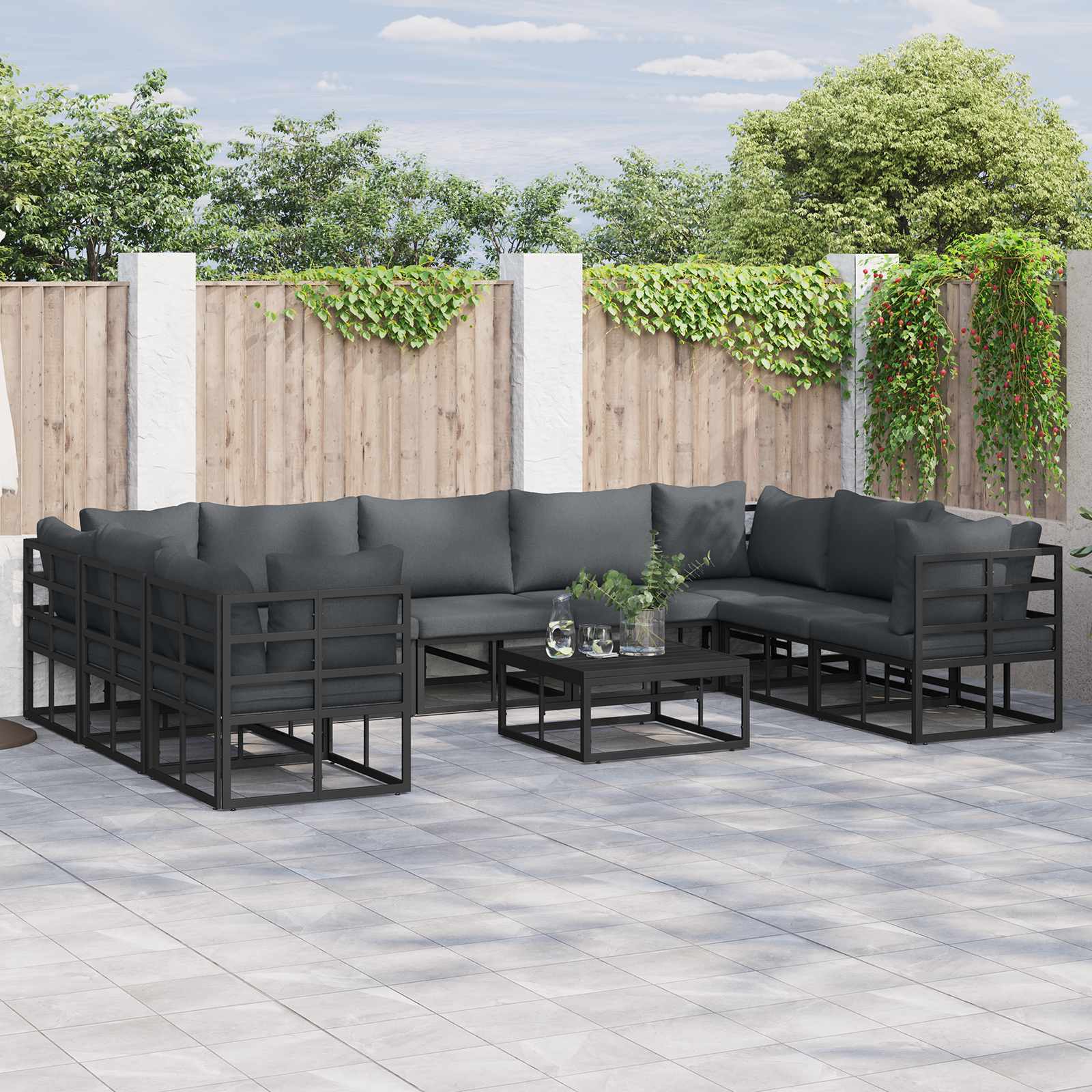 Set Divano da Giardino con cuscino 10 pcs Nero Alluminio | homemem39