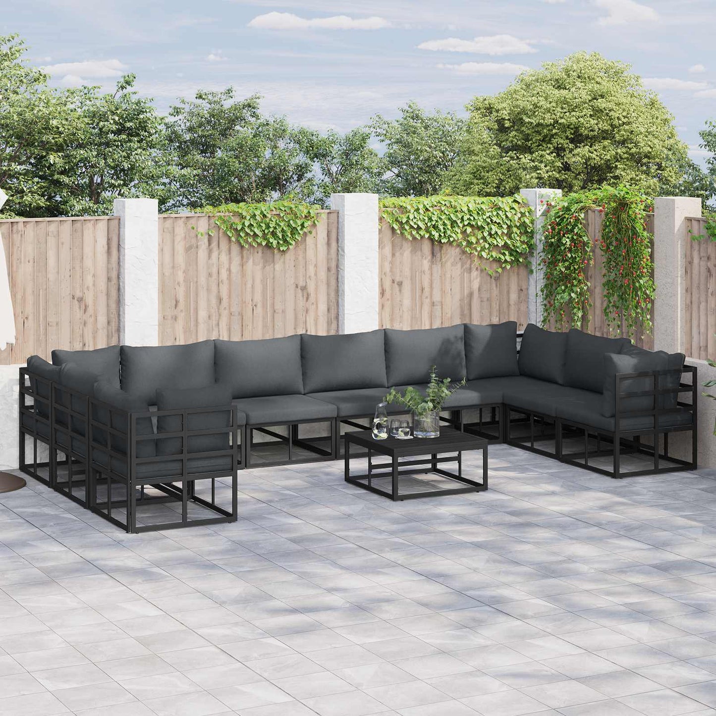 Set Divano da Giardino con cuscino 11 pcs Nero Alluminio