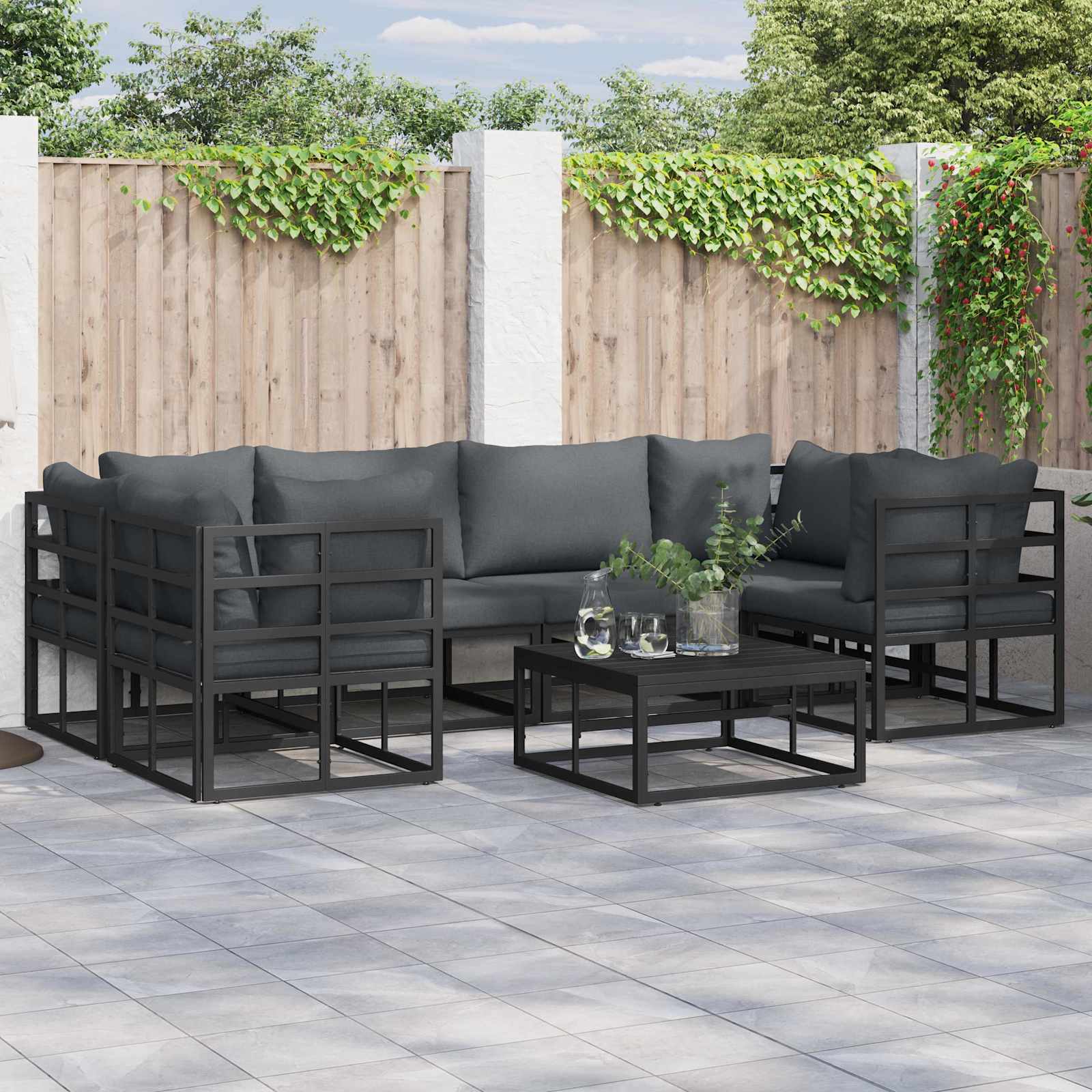 Set Divano da Giardino con cuscino 7 pcs Nero Alluminio | homemem39