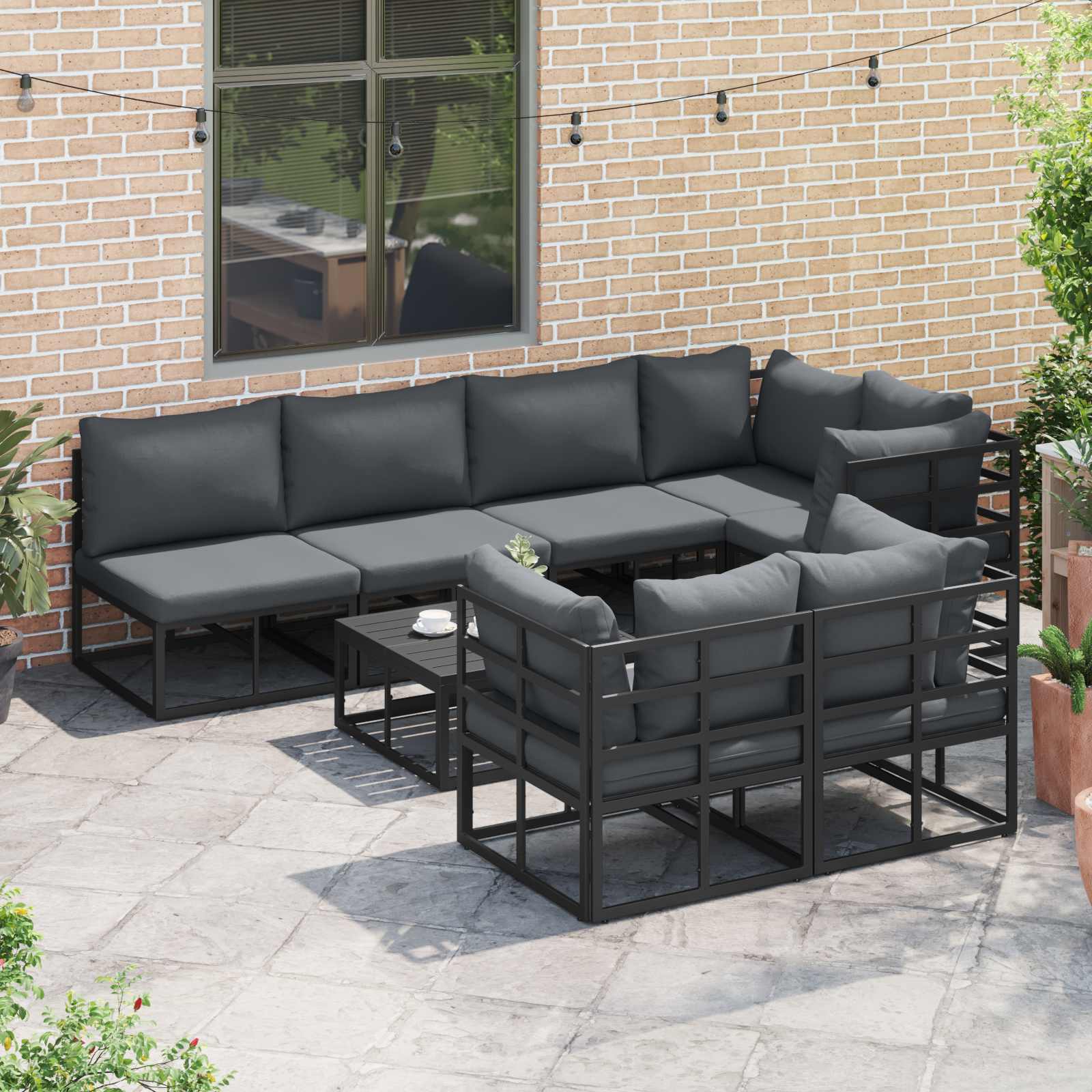 Set Divano da Giardino con cuscino 8 pcs Nero Alluminio | homemem39