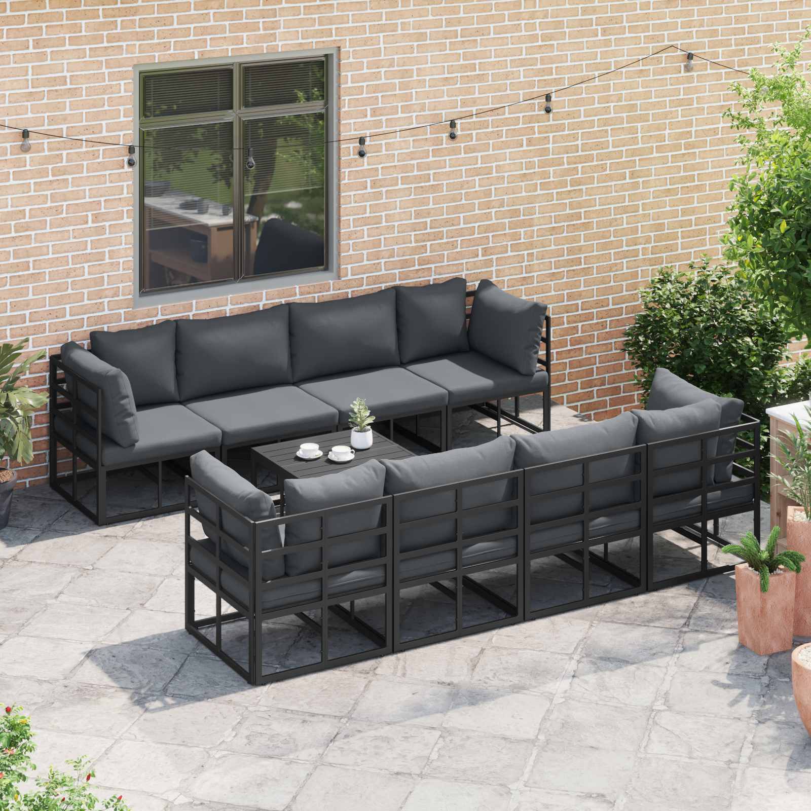 Set Divano da Giardino con cuscino 9 pcs Nero Acciaio | homemem39