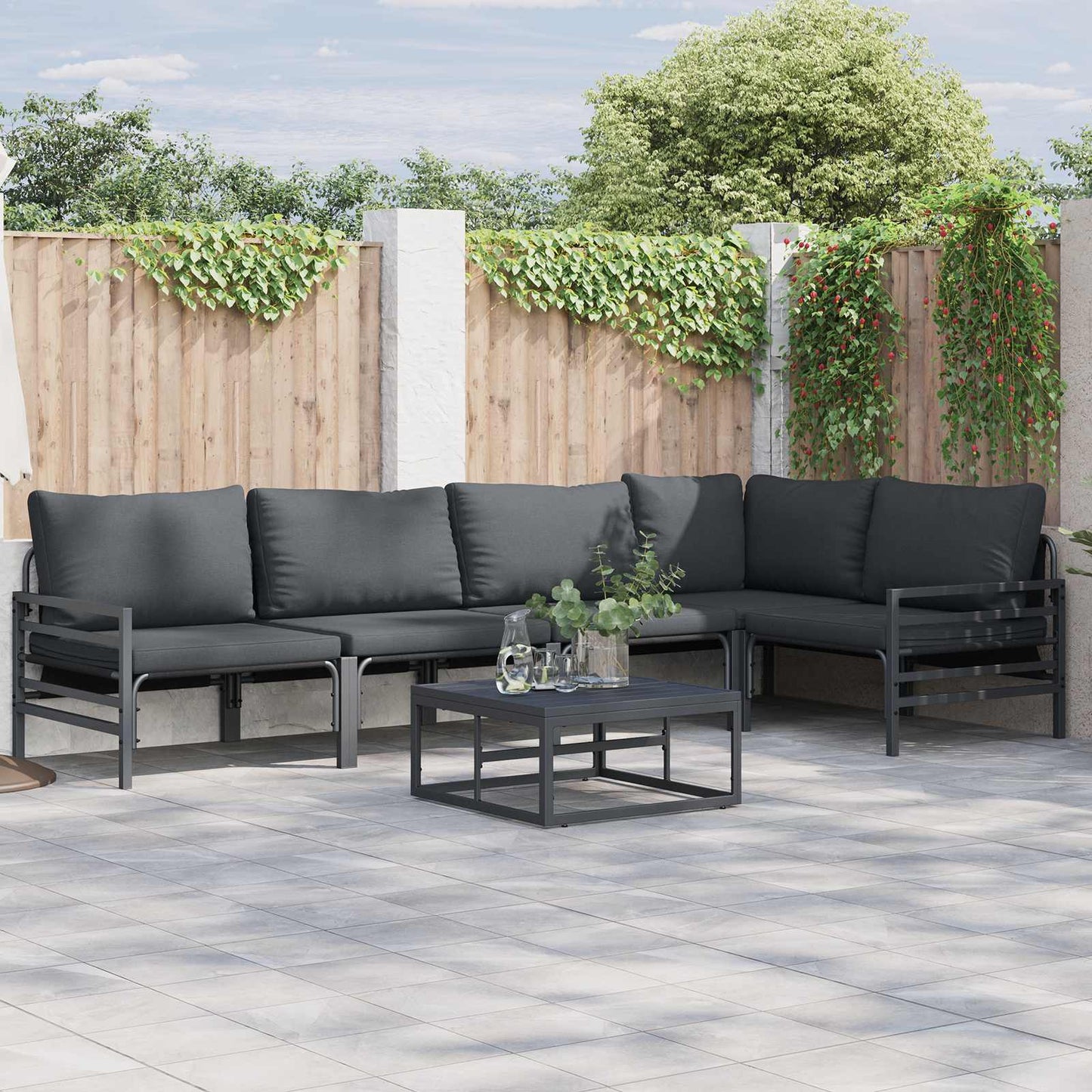 Set Divano da Giardino con cuscino 5 pcs Nero Acciaio | homemem39