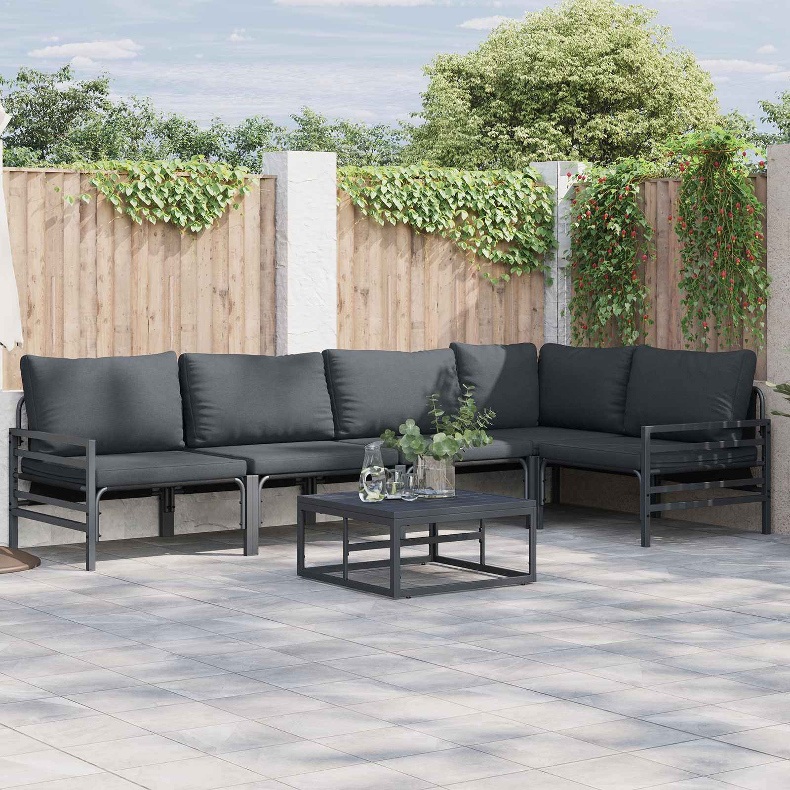 Set Divano da Giardino con cuscino 6 pcs Nero Acciaio | homemem39